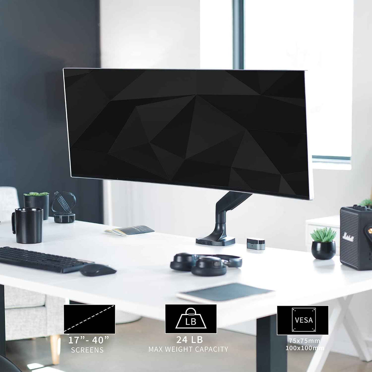 VIVO Premium Aluminum Heavy Duty Single Monitor Arm for Ultrawide Monitor up to 40 inches and 24 lbs, Desk Mount Stand, Pneumatic Height, Max VESA 100x100, Black, STAND-V101Q