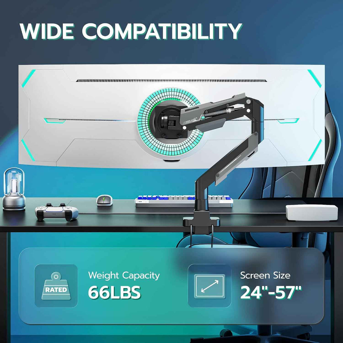 ARES WING Heavy Duty Monitor Arm with USB for 24-57 Inch Screens, Black | Gas Spring Aluminum Monitor Mount for Ultrawide Screens up to 66 lbs with Clamp/Grommet Desk Mount, 75/100/200 Vesa Mount