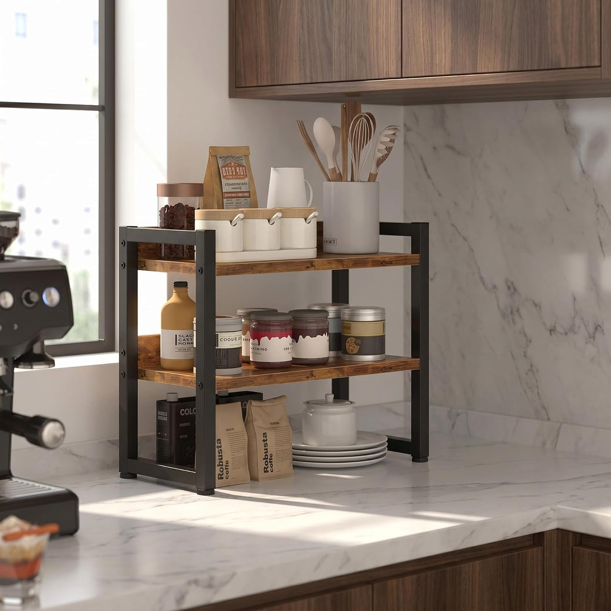 Kitchen Countertop Organizer Shelf, 3 Tier Spice Rack Wood Coffee Counter Shelf Kitchen Cabinet Organizer with Metal Leg for Countertop, Pantry, Bathroom Countertop Organizer, Rustic Brown - Field & Nook