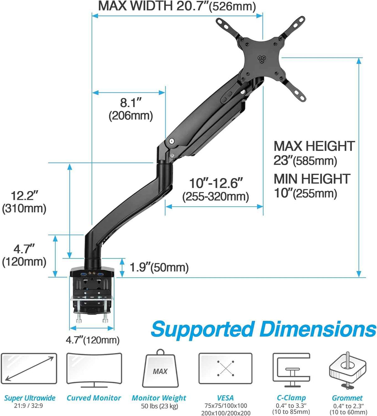 AVLT Single 17"-49" Super Ultrawide Monitor Arm Desk Mount Black | Screens up to 50 lbs Premium Aluminum Stand Adjustable Pneumatic Height Full Motion Swivel Tilt Rotation USB 3.0 & AUX Ports