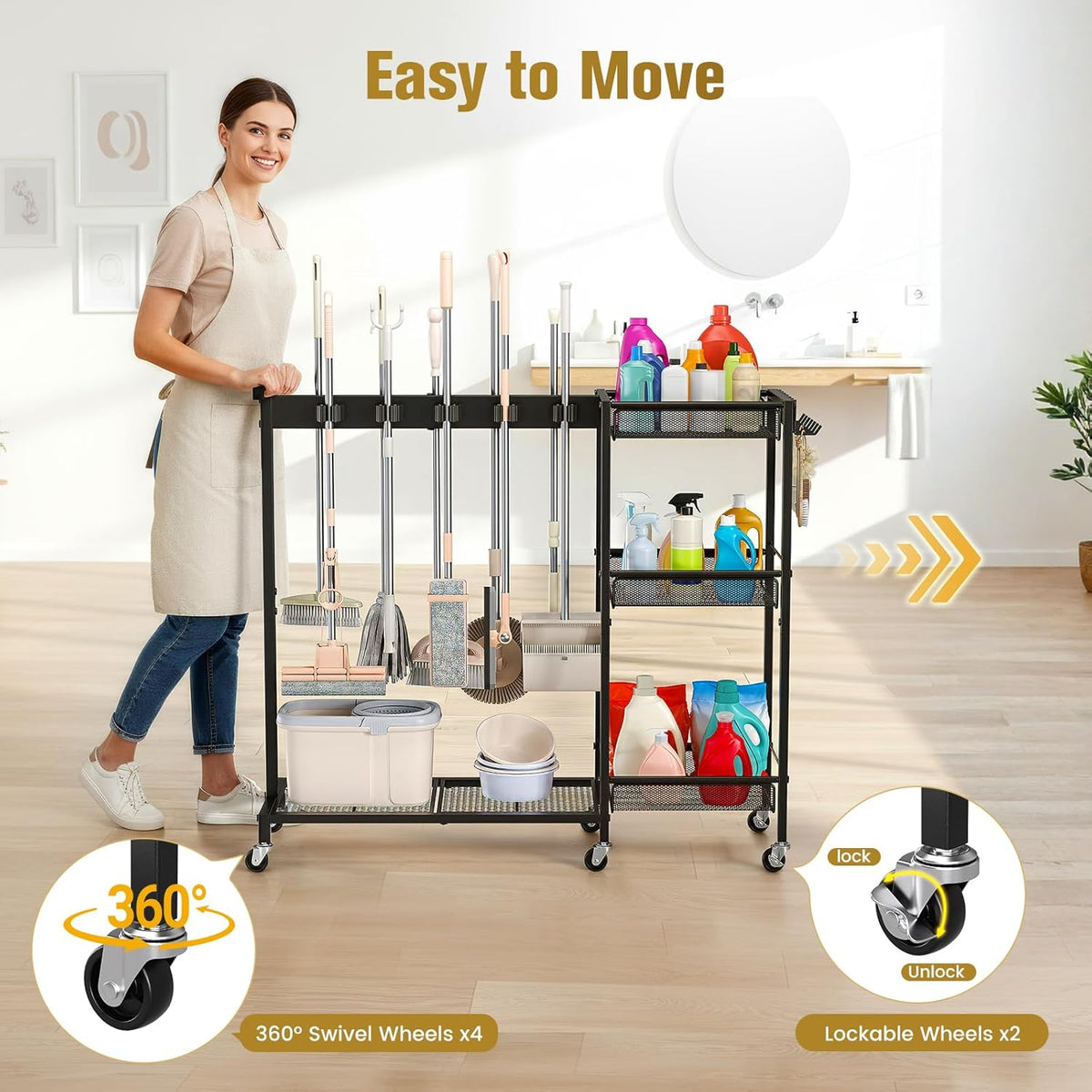 Broom Holder with Cleaning Supplies Organizer – 3-Tier Shelves - Field & Nook