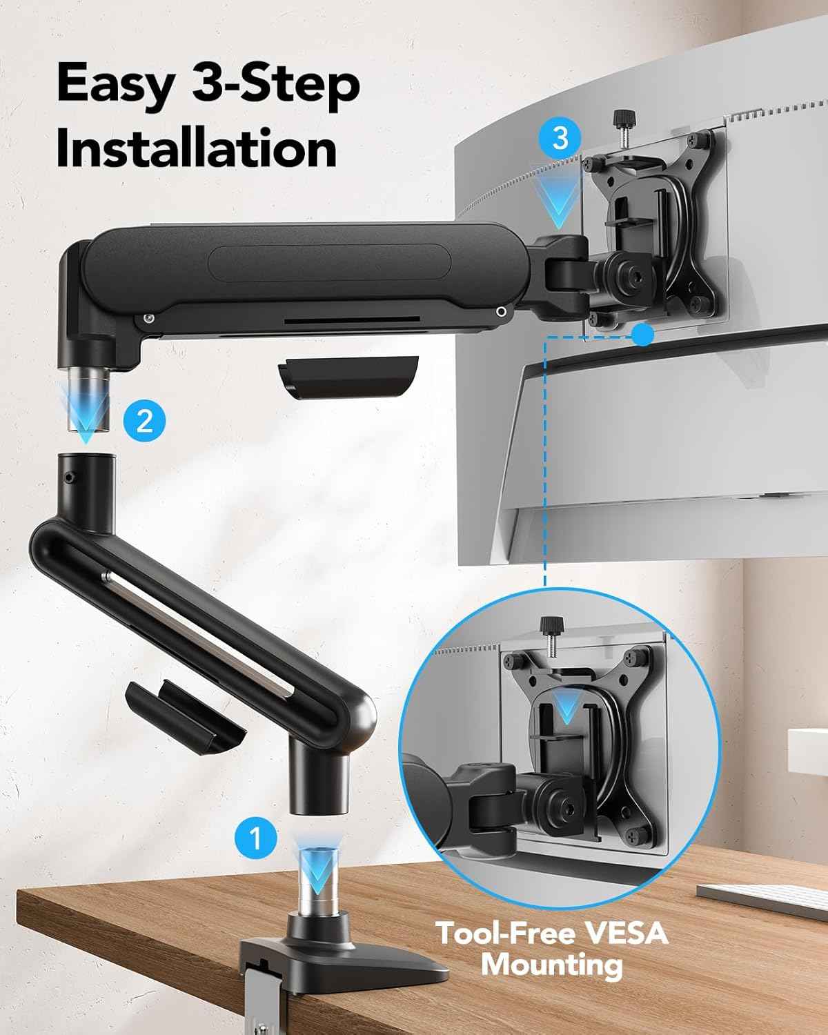 HUANUO Ultrawide Monitor Arm for 13 – 40" Screens, Single Monitor Mount Holds up to 26.4lbs, Adjustable Monitor Stand with C-Clamp & Grommet Base, VESA Mount 75x75mm/100x100mm