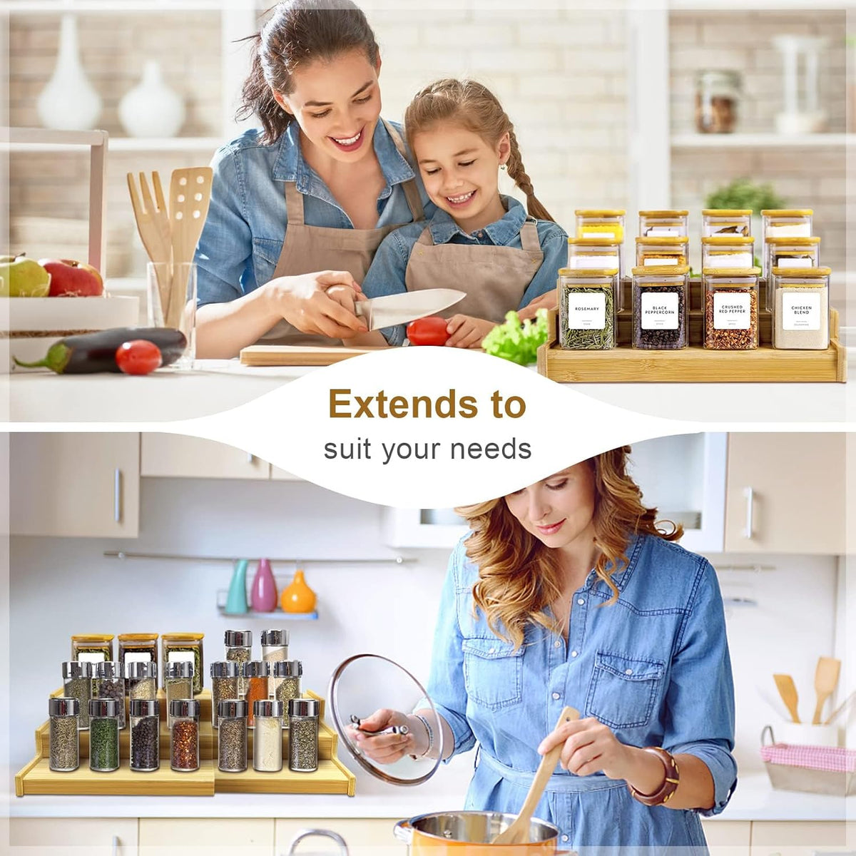 Lenwi Spice Rack Organizer for Cabinet, 3 Tier Expandable Bamboo Spice Storage for Kitchen Cupboard Pantry - Field & Nook