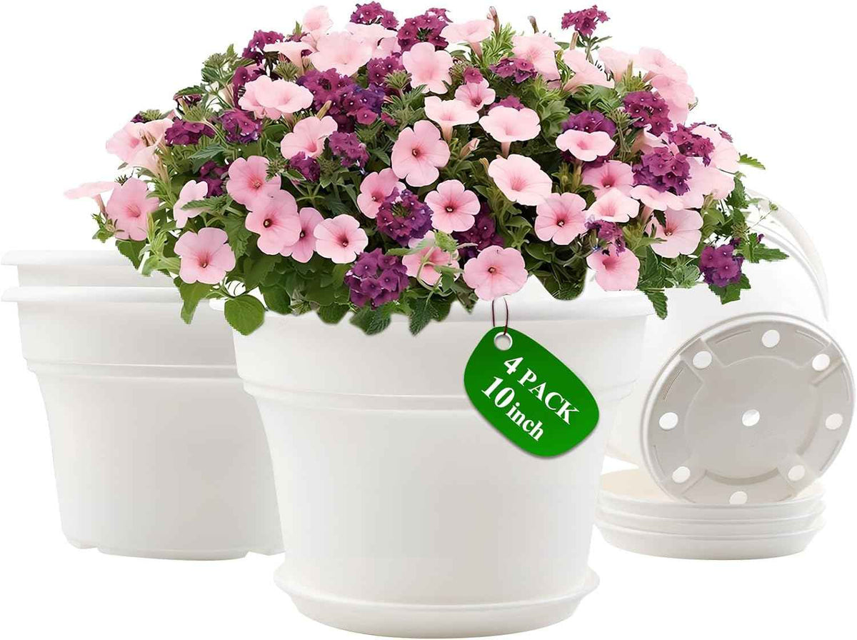 10 Inch Plastic-Flower-Pot-for-Indoor-Plants, 4 Pack Large Outdoor Planter Pot with Drainage Holes & Saucers, Resin Decorative Garden Pots Planters