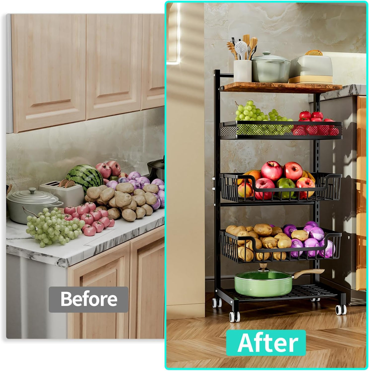 HapiRm Fruit Basket Kitchen Cart - Floor 5 Tier Adjustable Fruit and Vegetable Storage Rack, Large Capacity Rolling Kitchen Carts on Wheels for Pantry Snack Potato and Onion Storage - Field & Nook