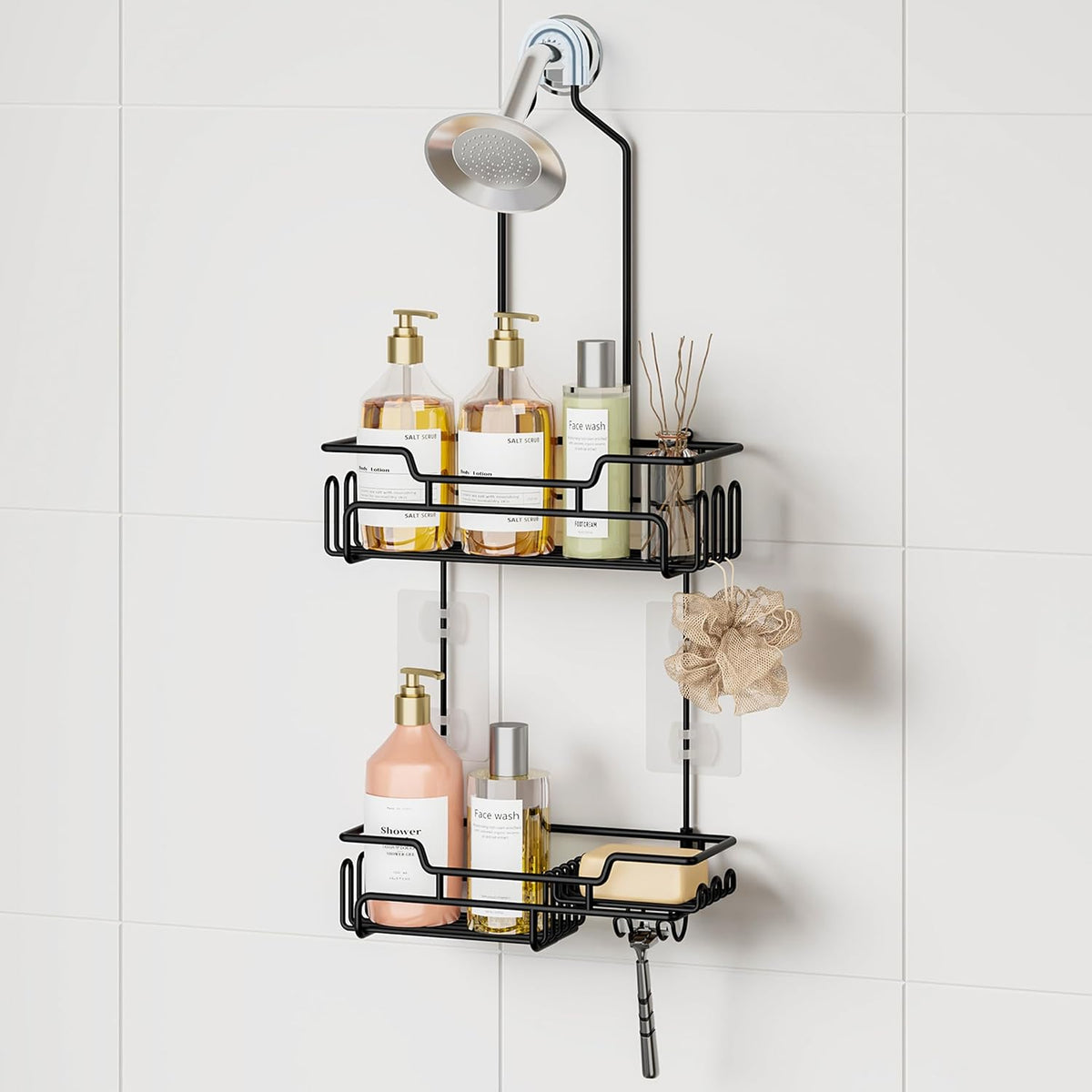 Extended Hanging Shower Organizer – 2-Tier Rustproof Caddy with Hooks
