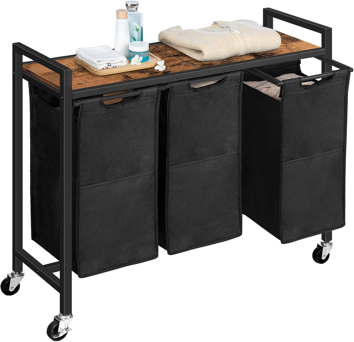 3-Section Rolling Laundry Sorter with Pull-Out Oxford Bags - Field & Nook