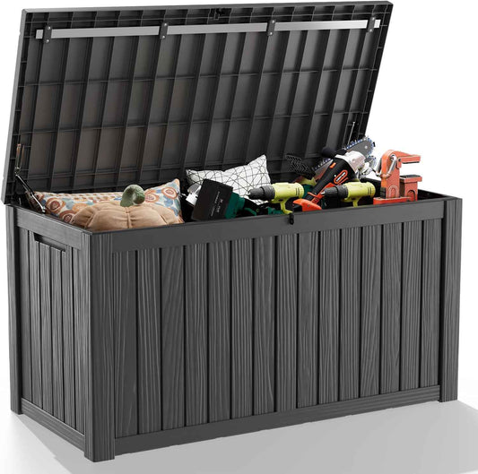 DRATO 150 Gallon Outdoor Storage Box, Large Waterproof Deck Box, Lockable Resin Storage Container with Reinforced Support for Patio Cushions, Garden Tools, UV-Resistant Outdoor Chest（Black）