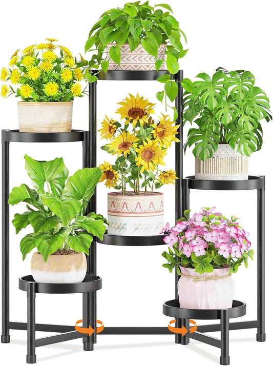 LASZOLA 6 Tiered Folding Plant Stand Indoor for Multiple Large Planter, Tall Heavy Duty Adjustable Rack with Rust Proof 10 Inch Wide Tray, Sturdy Vertical Tree Organizer for Narrow Inside Floor, Black