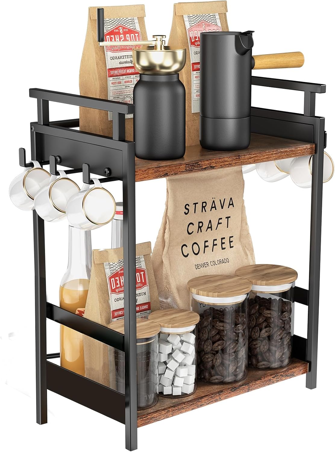 KLM 2 Tier Coffee Bar Organizer for Home Office, Spice Rack for Countertop, Kitchen Counter Storage Shelf with Hanging Basket, Coffee and Tea Condiment Station Organizer - Field & Nook