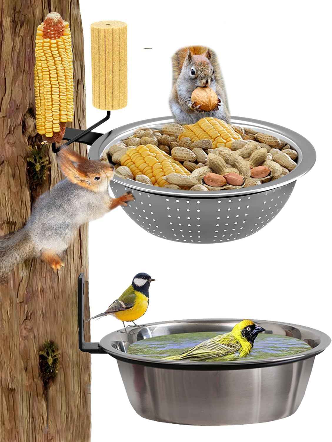 2 Pack 8.5" Squirrel and Bird Feeder for Outside Tree/Fence, Removable Metal Bowl Feeder with Drainage Holes, Adding 1 for Squirrel Watering or Bird Bath/Swim, Sturdy Easy Clean Feeders for Outdoor