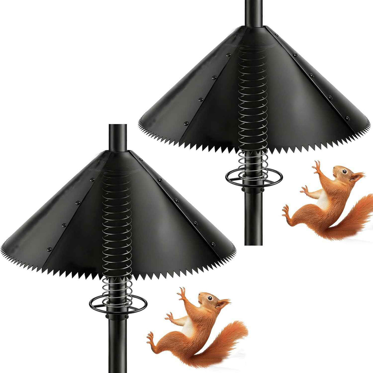 Squirrel Baffle for Bird Feeder Pole-Dynamic Steel Spring-Loaded Wobble Defense,Outside Pole Mount Bird House Guard for Outdoor Shepherd’s Hook, 19 Inch Diameter,Metal Buckle(2pcs)