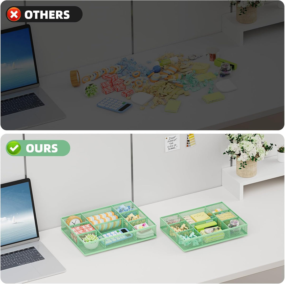 Marbrasse 2 Pack Desk Drawer Organizer, Mesh Drawer Organizer Tray with 8 Adjustable Compartments, Desk Organizers and Accessories, 5 Dividers Drawer for Office Supplies, Makeup & Vanity (Green) - Field & Nook