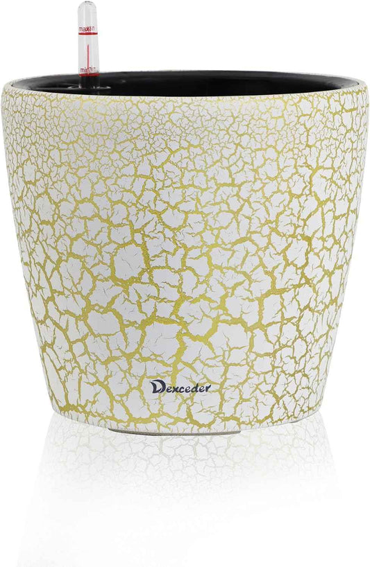 Dexceder 9x8 Inches Self Watering Planter Indoor Outdoor, Inner Pot Design, Thickened Table Flower Plant Pot with Water Level Indicator (White Gold Crackle)