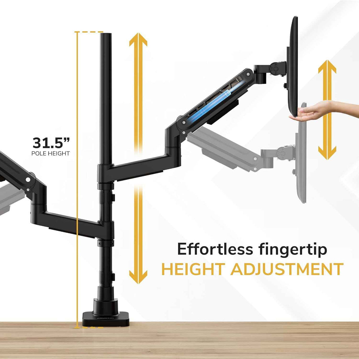 Mount-It! Dual Ultrawide Monitor Desk Mount for 17–49” Screens, Height-Adjustable Stacking Arms with Pole, Heavy Duty Gas Spring, Full Motion, VESA 75/100, Clamp or Grommet
