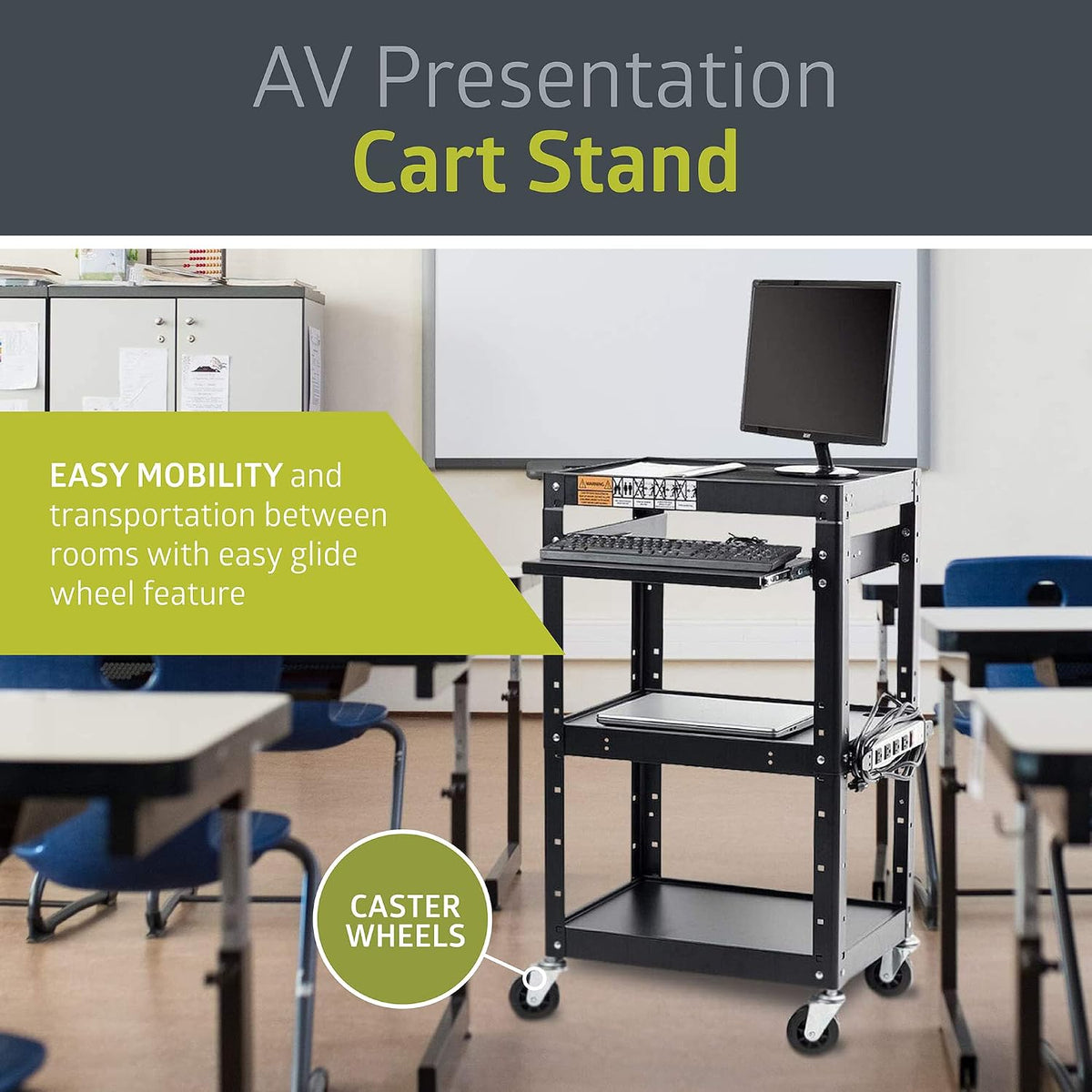 Pearington AV Presentation Cart Stand for Video Projector, TV, Laptop Computers, Printers, Metal Construction Rolling Storage Cart with Adjustable Shelves, 4 Wheels, 4 Outlets, 12ft Cord, Black - Field & Nook