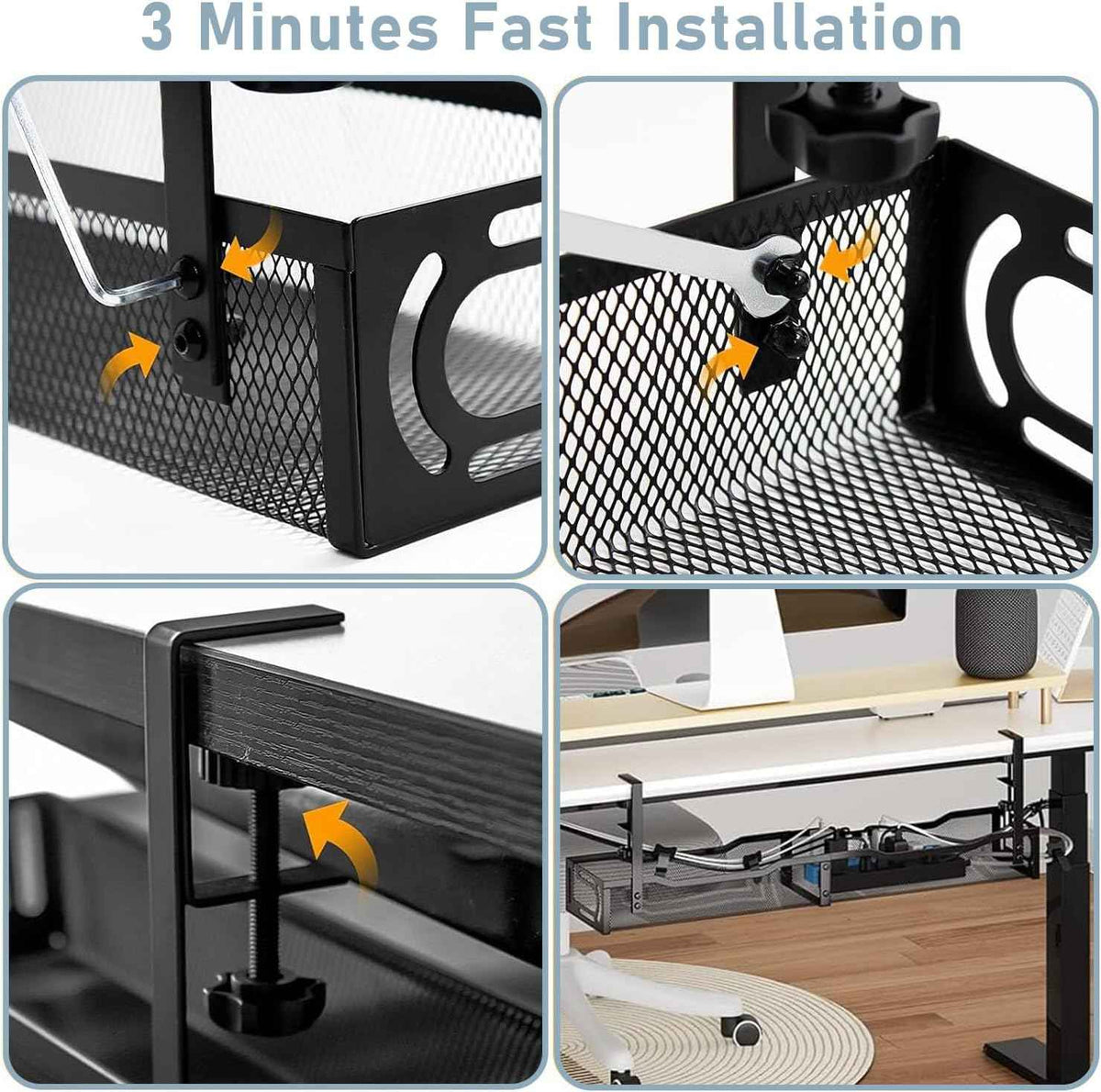 25-Inch Under-Desk Cable Tray – No-Drill Clamp-On Metal Cord Organizer, Black