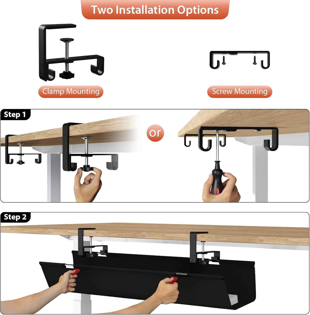36-Inch Under-Desk Cable Tray – No-Drill Clamp-On Fabric Cord Organizer, Black