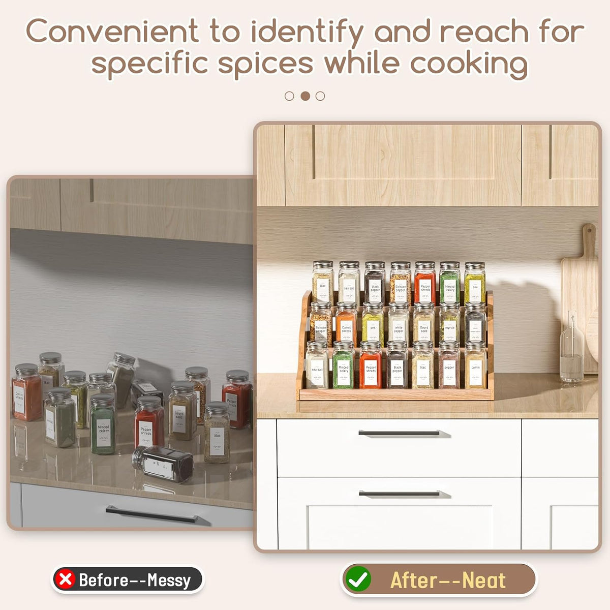 Tiered Spice Rack Organizer for Cabinet, Wooden Spice Rack for Countertop, Spice Shelf organizer Spice Organization for Cabinet - Field & Nook