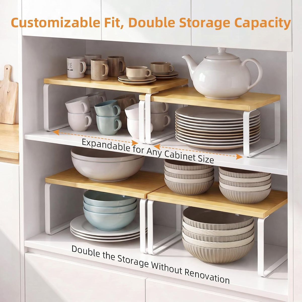 LAMU Cabinet Organizer Shelf, Set of 4 Expandable Kitchen Counter Shelve Plate Organizer for Cabiner, Stackable Spice Rack, CupBoard Organizers and Storage, Wood - Field & Nook