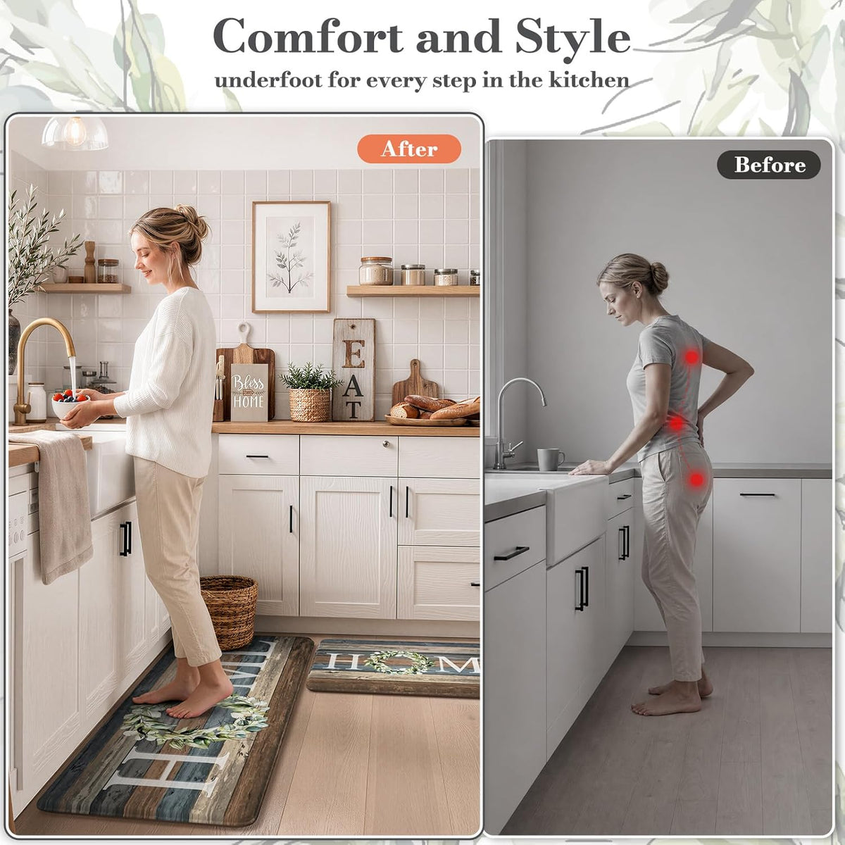 KIMODE Kitchen Mats 2PCS Cushioned Anti Fatigue Kitchen Mats for Floor | 17.3"x 47"+17.3"x 29",Farmhouse, Blue,Non Slip Waterproof Sink Rug Set 2 Comfort Standing Desk Mat for Office Laundry Home