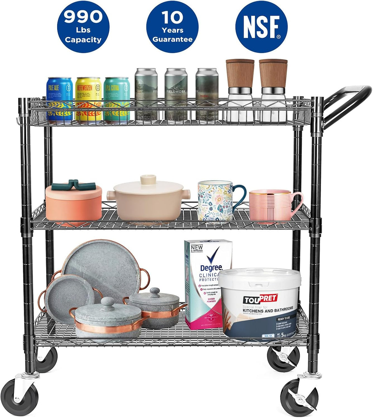 990Lbs Capacity Heavy Duty Rolling Utility Cart, NSF Rolling Carts with Wheels,Commercial Grade Metal Cart with Handle Bar & Shelf Liner,Trolley Serving Cart for Restaurant,Kitchen,Black - Field & Nook