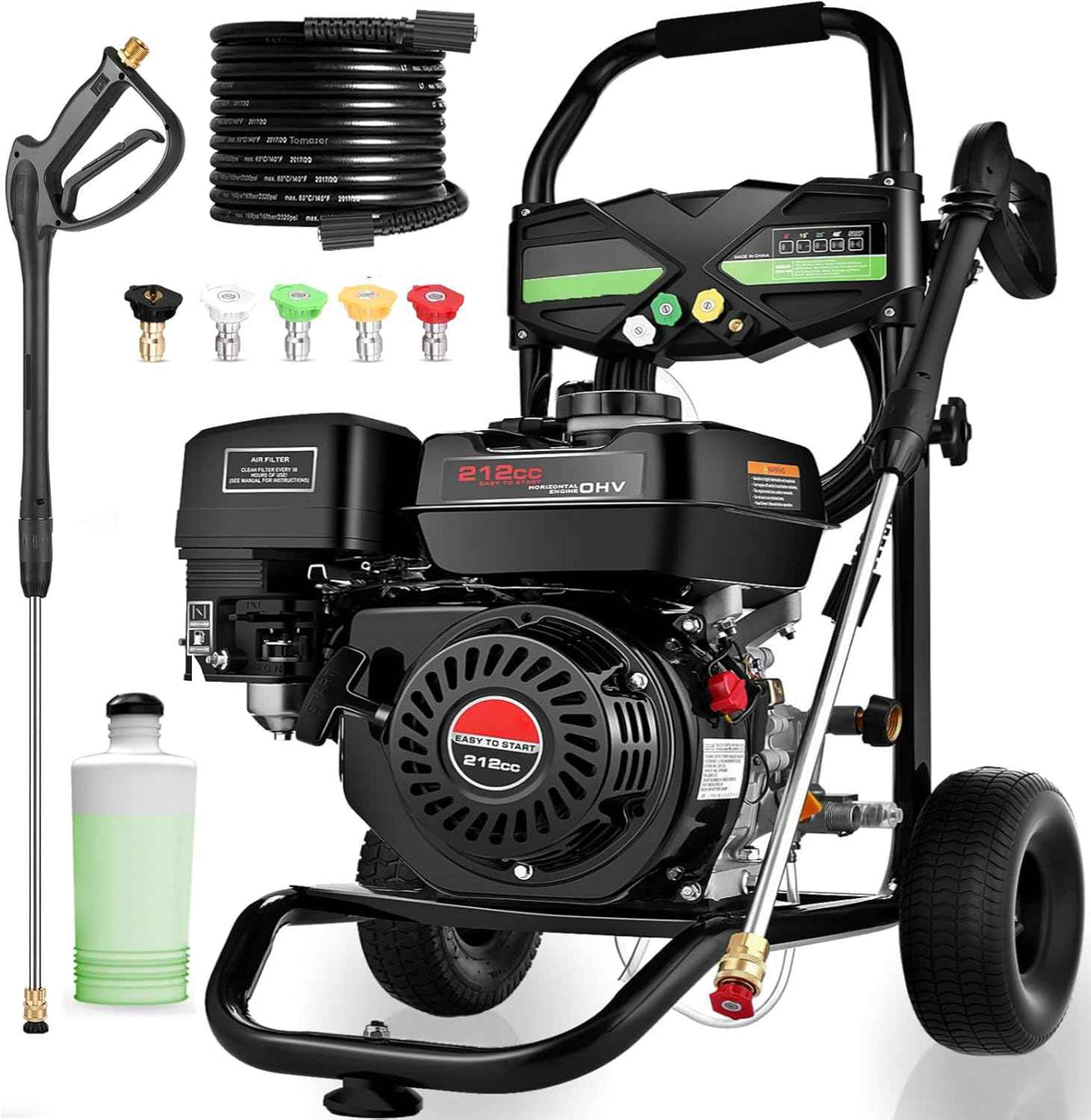Commercial 4200PSI 4GPM 212CC Gas Pressure Washer, 7.0HP Heavy-Duty 4-Stroke 3600RPM Professional Gas Power Washer with 9" Wheels 5 Nozzles 25FT Hose 1L Foam Bottle (EPA/CARB/ETL Compliant), Black