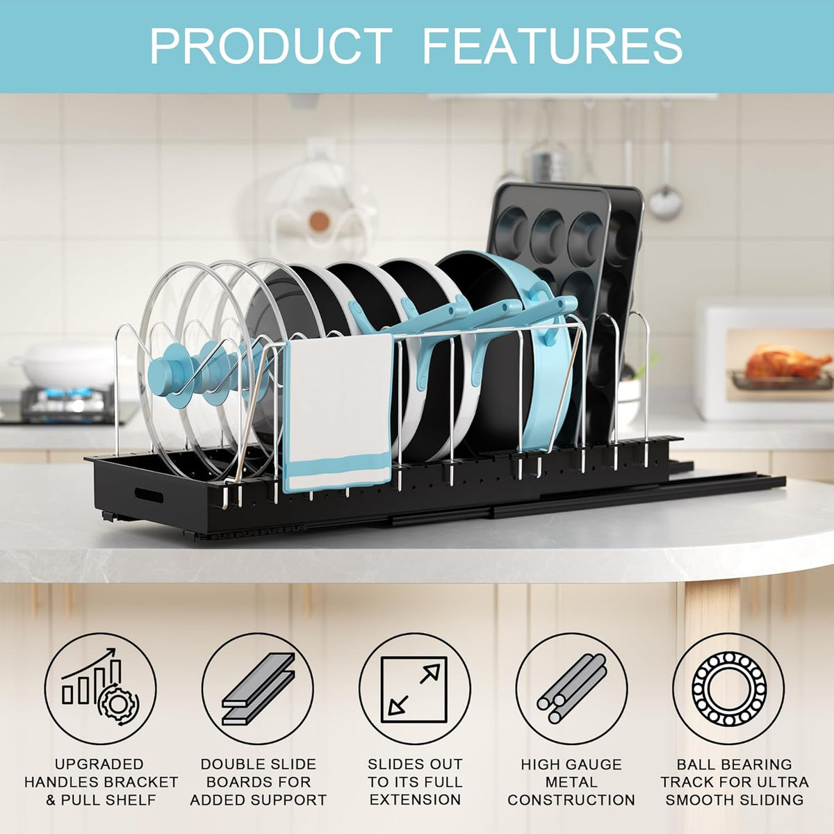 Pots and Pans Organizer Under Cabinet - 22" Deep Expandable | Pot Organizers inside Cabinet with 10 Adjustable Dividers & Handrail, No Drill Pot Lid Holder, Sliding Pot Lid Holder, 1 Pack - Field & Nook