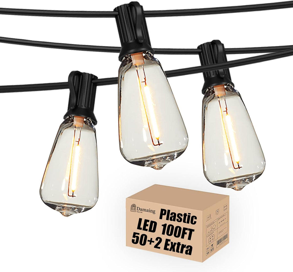 DAMAING Outdoor String Lights LED 100 FT Patio String Lights,52 ST38 Shatterproof Edison Style LED Bulbs,Vintage Plastic Outdoor Lights Waterproof for Bistro Gazebos Backyard Balcony Porch.