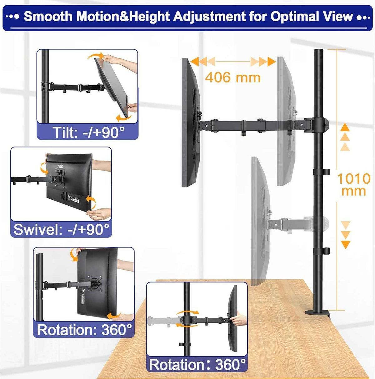 HUANUO Single Monitor Arm with 39 inch Extra-Tall Pole, Adjustable Computer Desk Mount for 13–32 inch Screens and up to 38 inch Ultrawide Screens, Hold 22 lbs, Monitor Stand with C-Clamp & Grommt Base