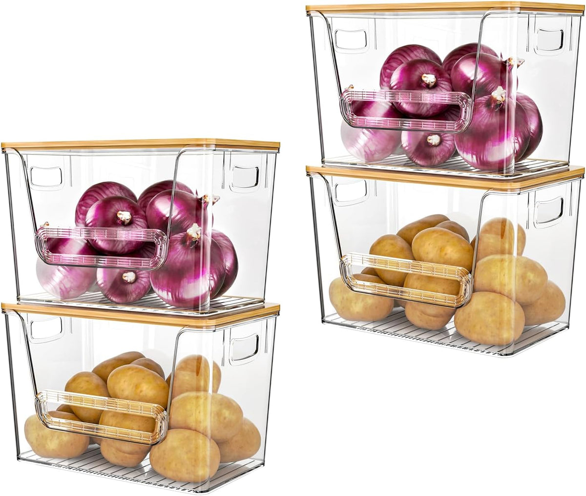 Delamu 4 Pack Pantry Organizers and Storage,Trash Bag Dispenser with Bamboo Top,Stackable Trash Bag Dispenser Under Sink Organizer for 4-30 GalBags,Onion,Potato,Fruits,Clear - Field & Nook