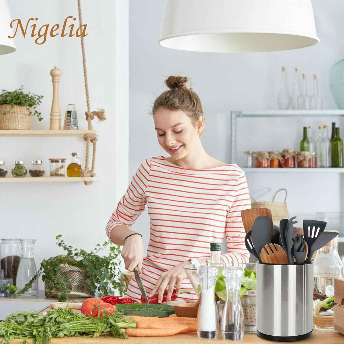 Nigelia Stainless Steel Utensil Holder, 3 Compartments