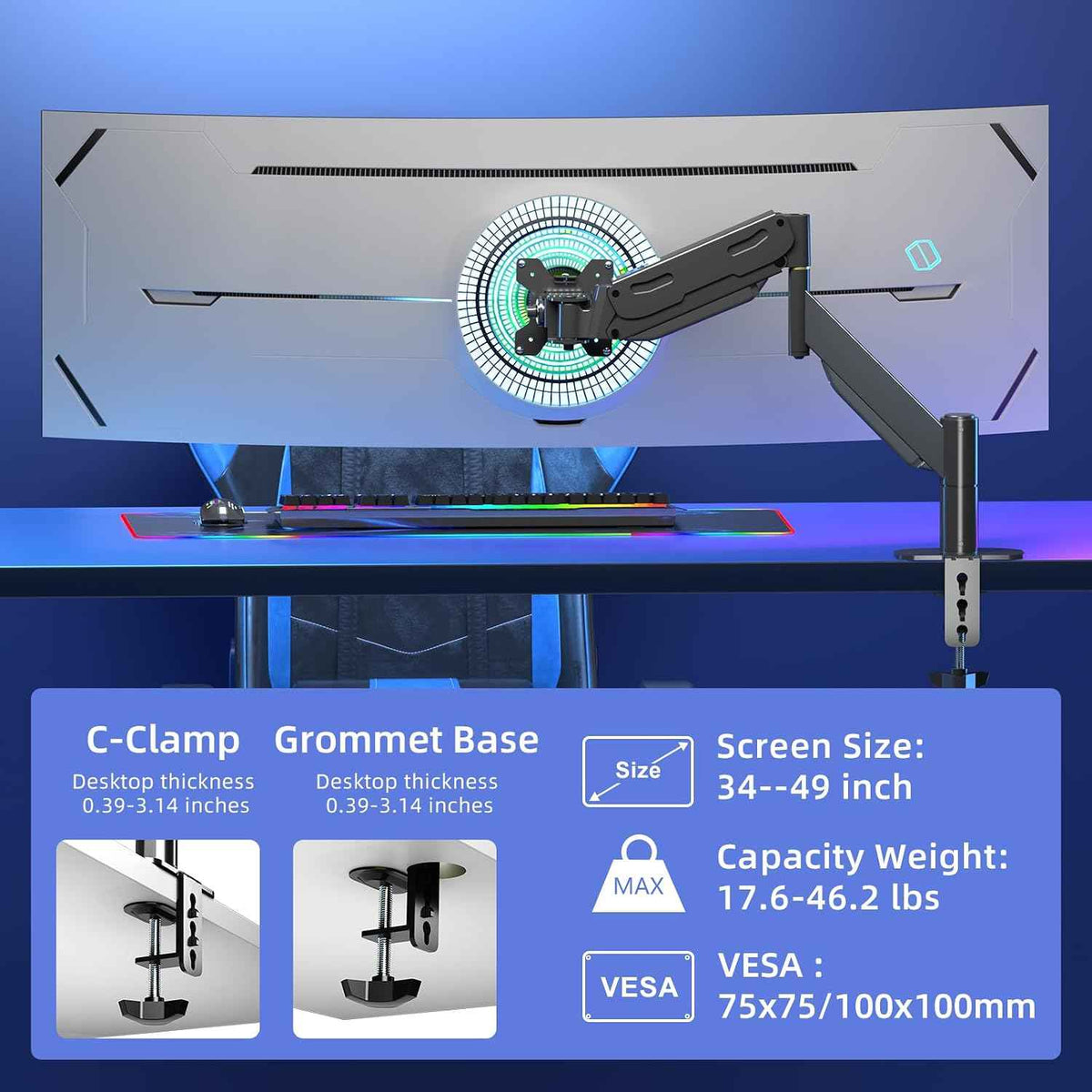 Pholiten Heavy Duty Monitor Arm for up to 49 inches | Ultrawide Monitor Mount, Adjustable Gas Spring Arm, Clamp/Grommet Mounting Base