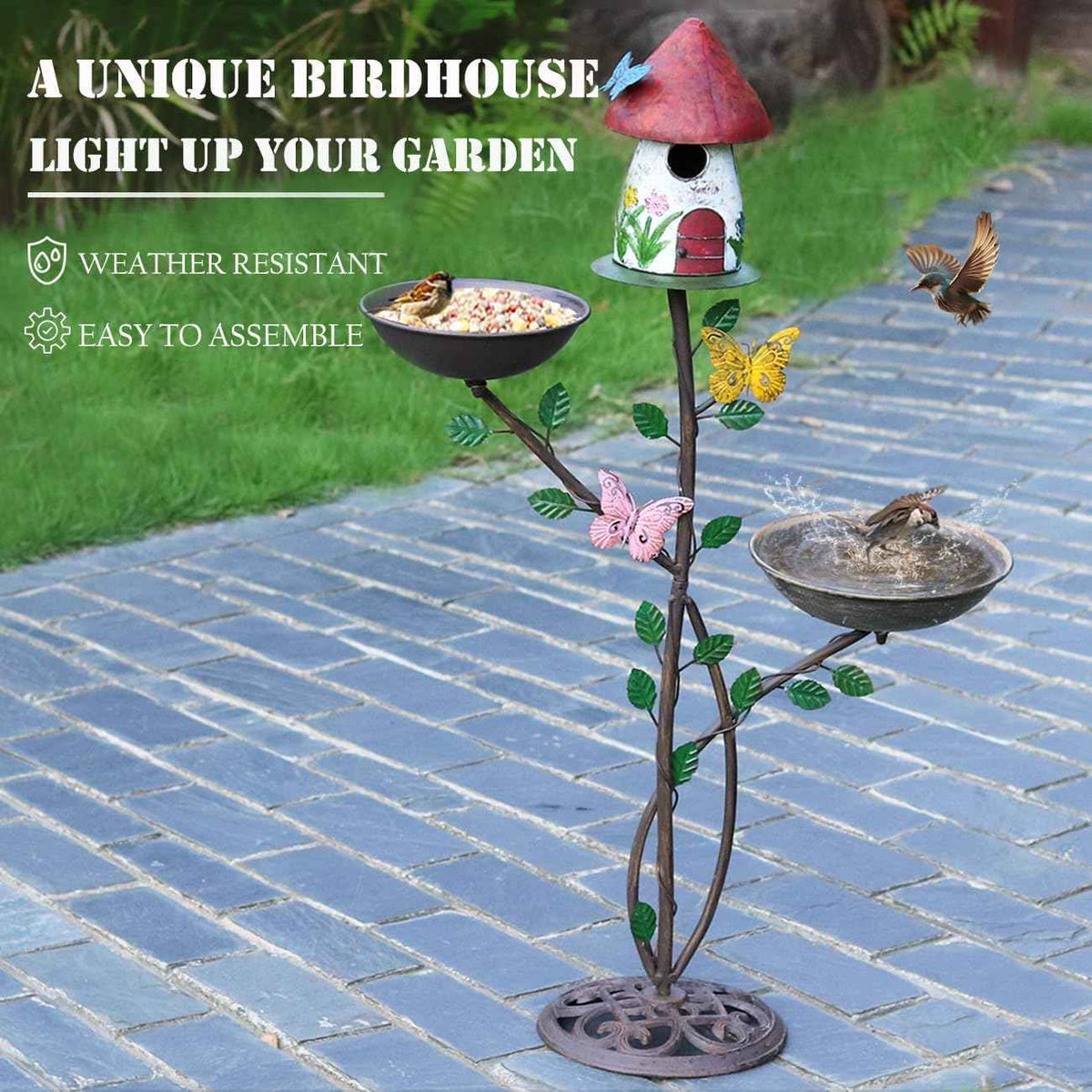 Metal Bird Houses for Outside with Pole, Multi-Bird Baths for Outdoors | Metal Bird House with Bird Feeder and Bird Bath,Outdoor Garden Lawn Decor,Cast Iron Base
