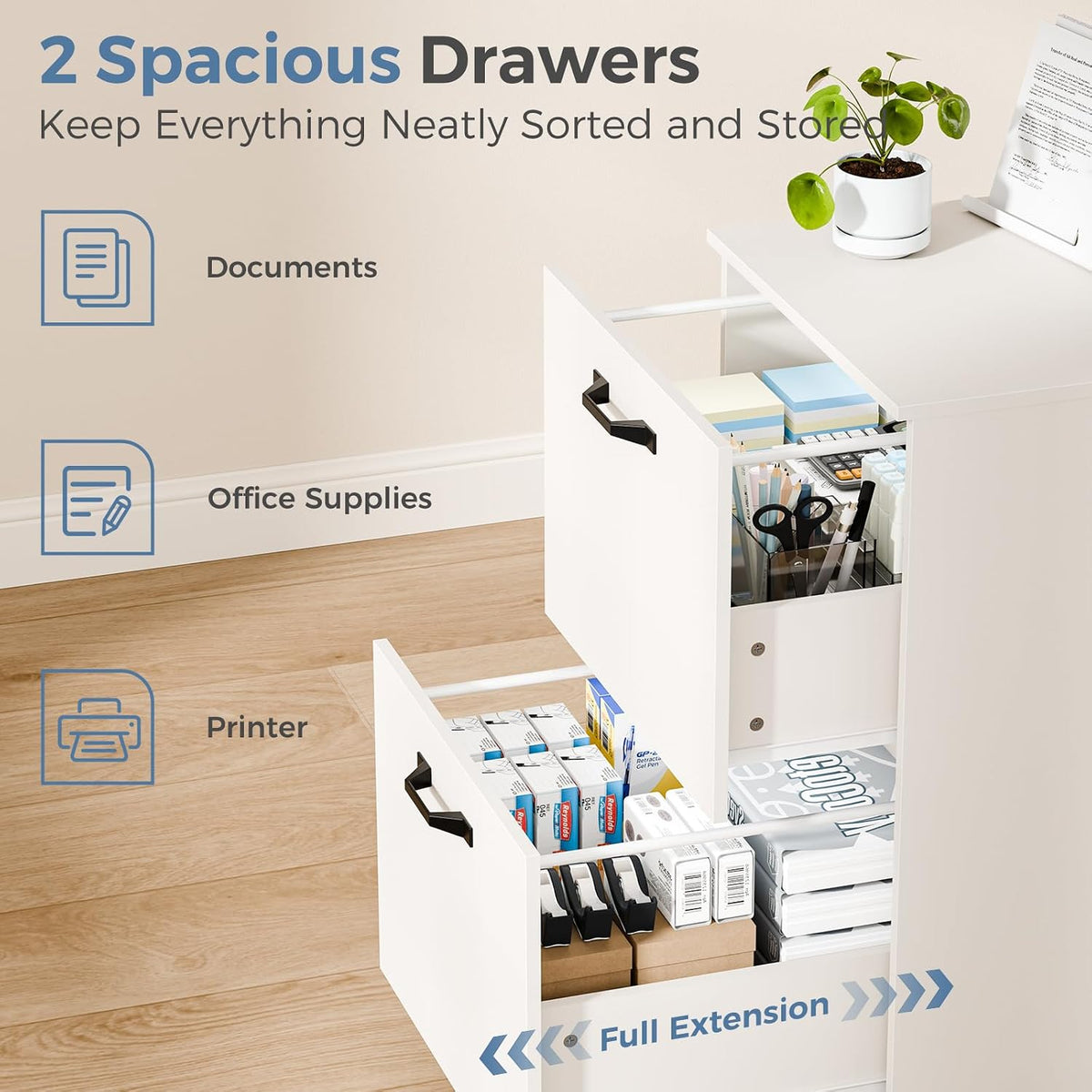 DUMOS 2 Drawer Filing Cabinet, Rolling Under Desk Storage, White | Not for Hanging Files, Printer Stand, Lockable Wheels, Mobile Wood Home Office Organizer - Field & Nook