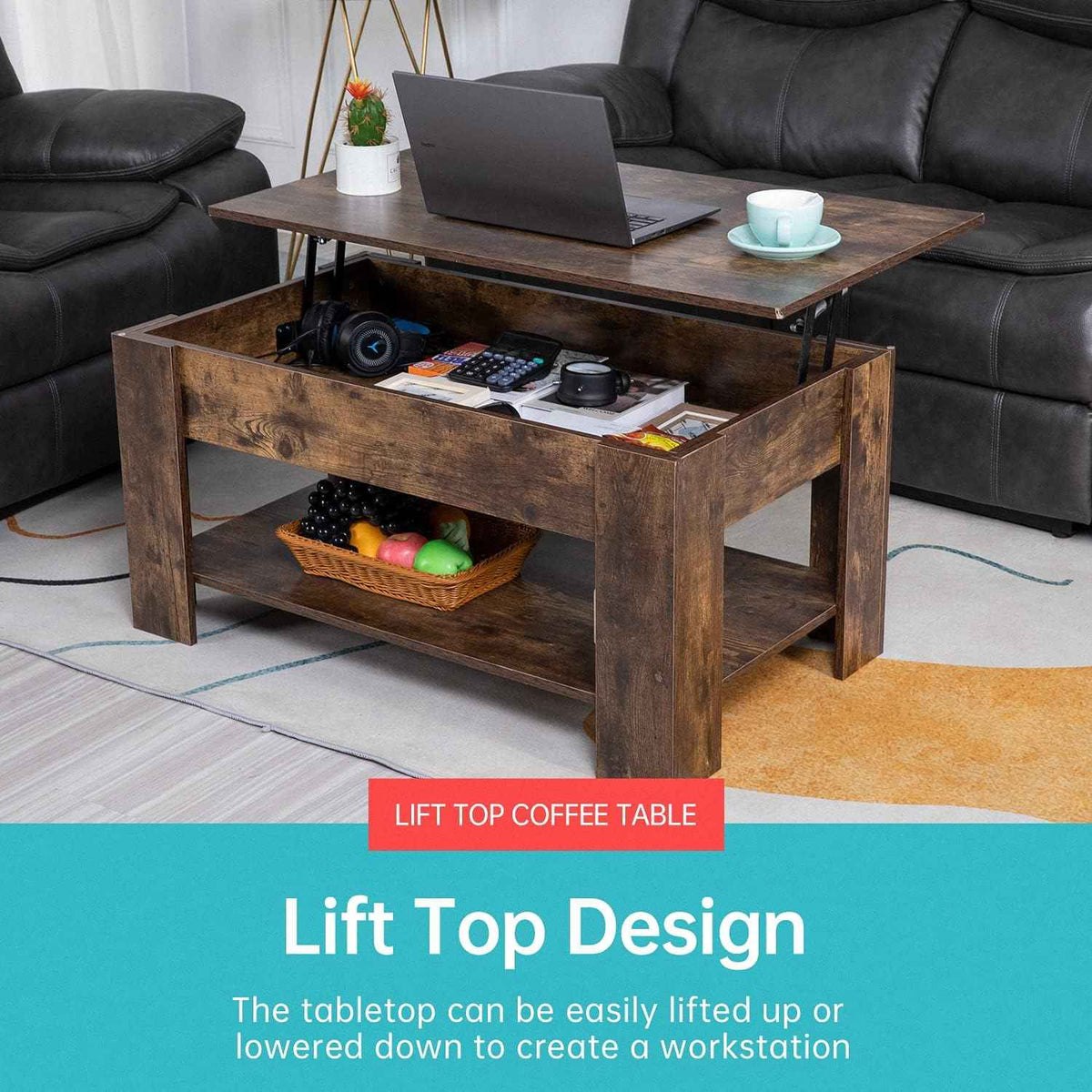 FDW 39.4" Lift Top Coffee Table with Hidden Storage, Brown