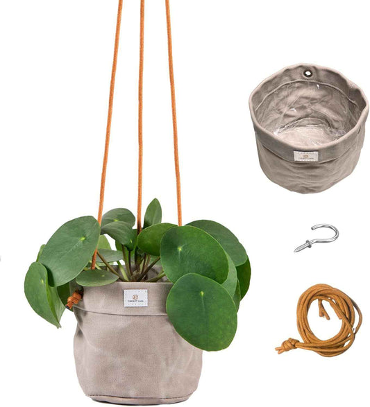 Large Waxed Canvas Handmade Hanging Planter for Indoor/Outdoor Plants, Hanging Basket Plant Holder Stone Gray with Hook