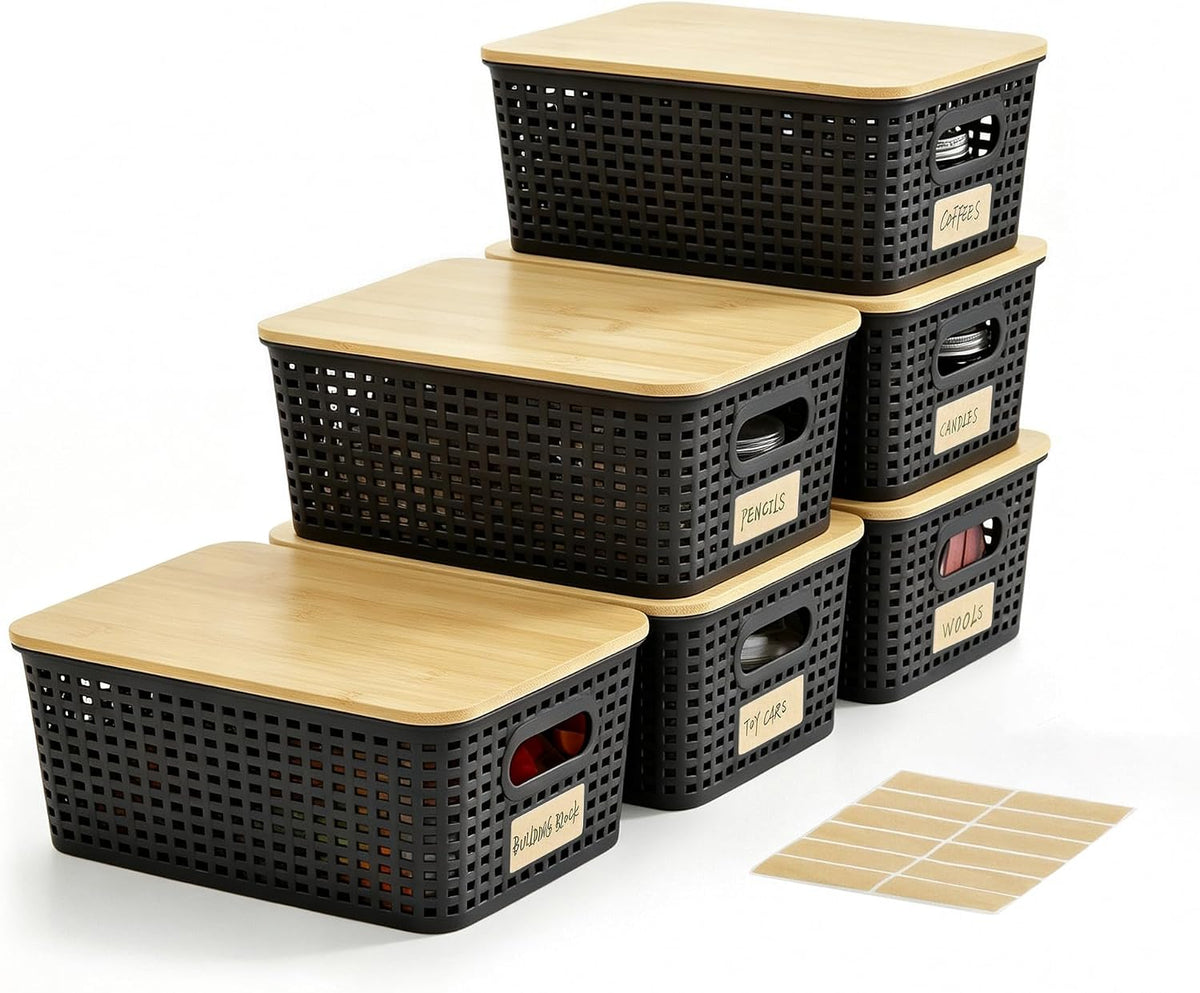 Small Plastic Storage Bins with Bamboo Lids 5.2qt Stackable Box Basket Pantry Decorative Containers Cute with Lable for Organizing Desktop Closet Office Black of 6 packs 10 * 7.2 * 4.1" - Field & Nook
