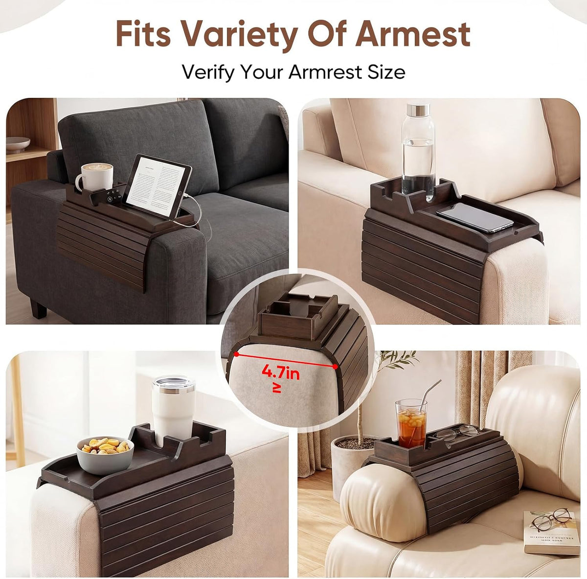 Foldable Bamboo Couch Arm Tray – Cup Holder for 4.7–16.9 Inch Armrests