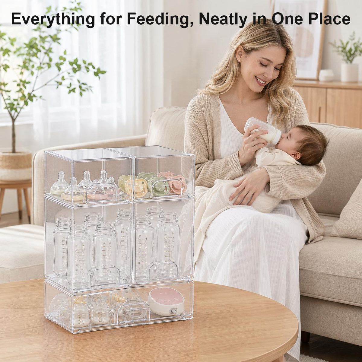 QRRICA Baby Bottle Organizer for Countertop, 5-Piece Stackable Clear Acrylic Storage with Non-Slip Pads & Handles – Large Capacity for Kitchen, Pantry, Bathroom, Vanity, Cabinet - Field & Nook