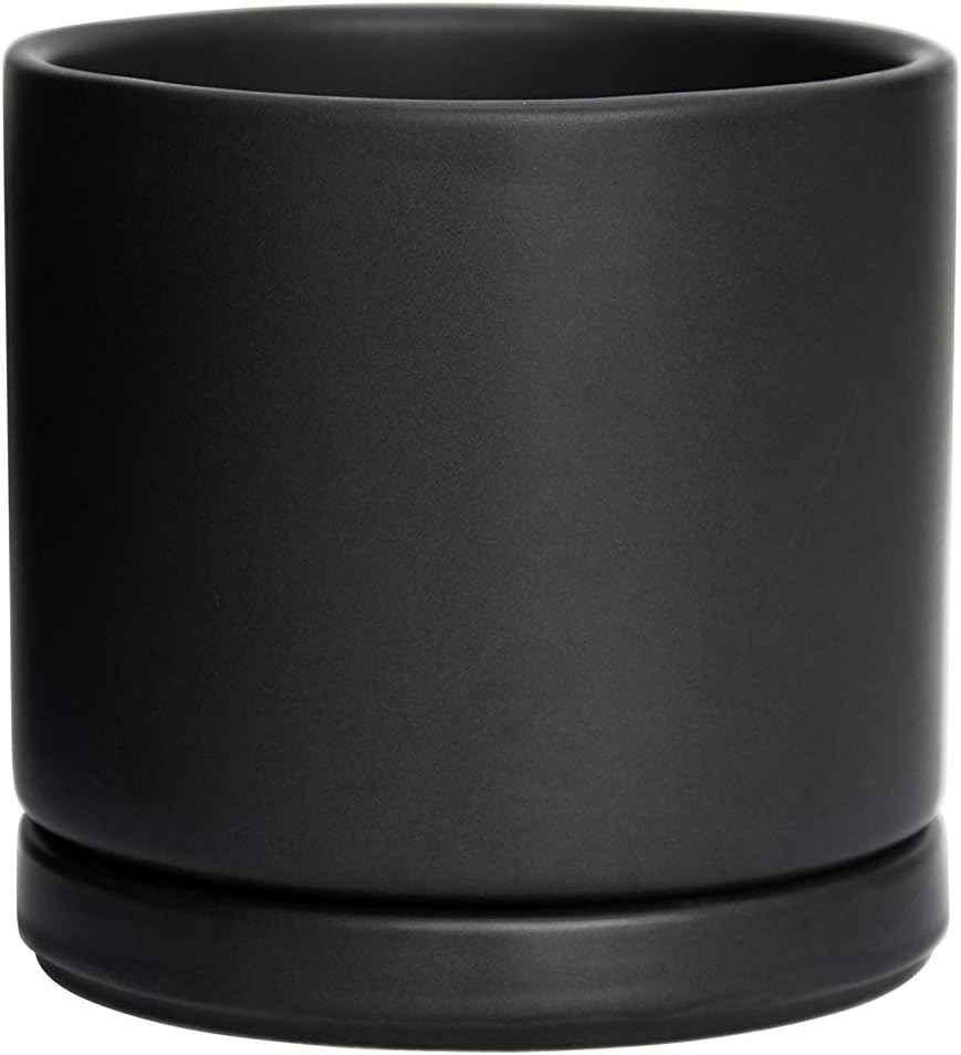 D'vine Dev Ceramic Planter Pot with Drainage Hole and Saucer, Indoor Cylinder Round Flower Pot, 4.6 Inch, Black, 94-O-B-2