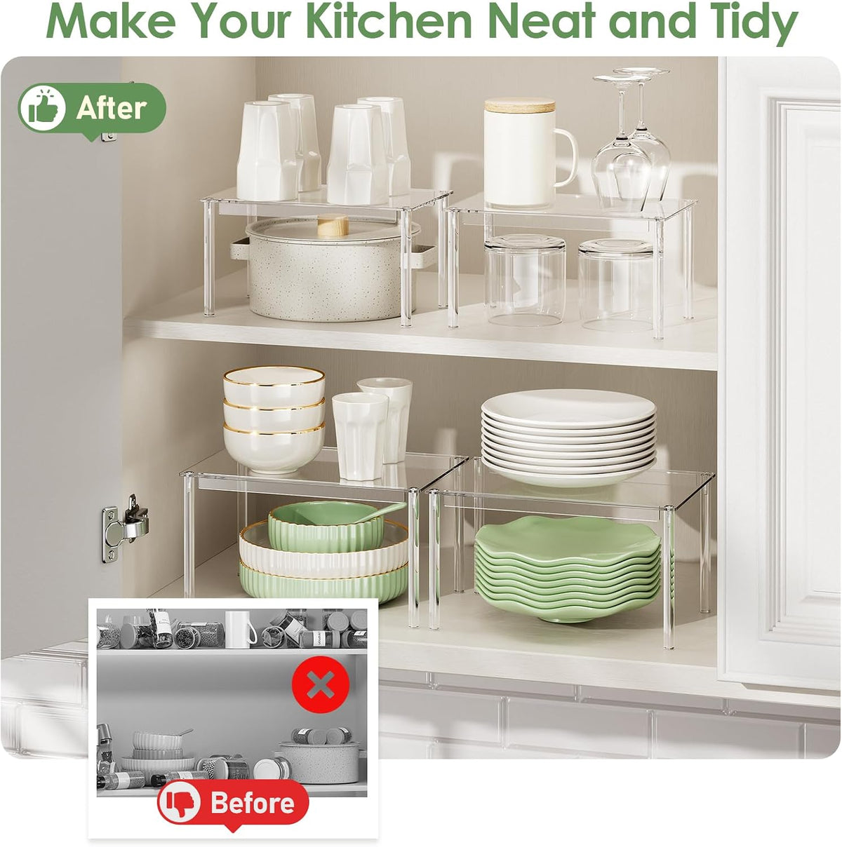 Delamu Cabinet Shelves, Clear Stackable Acrylic Storage Risers with Heavy Duty Support, Cabinet Organizer Shelf for Spices, Seasonings, Jars, Pantry, Kitchen Counter, Easy Assembly - Field & Nook
