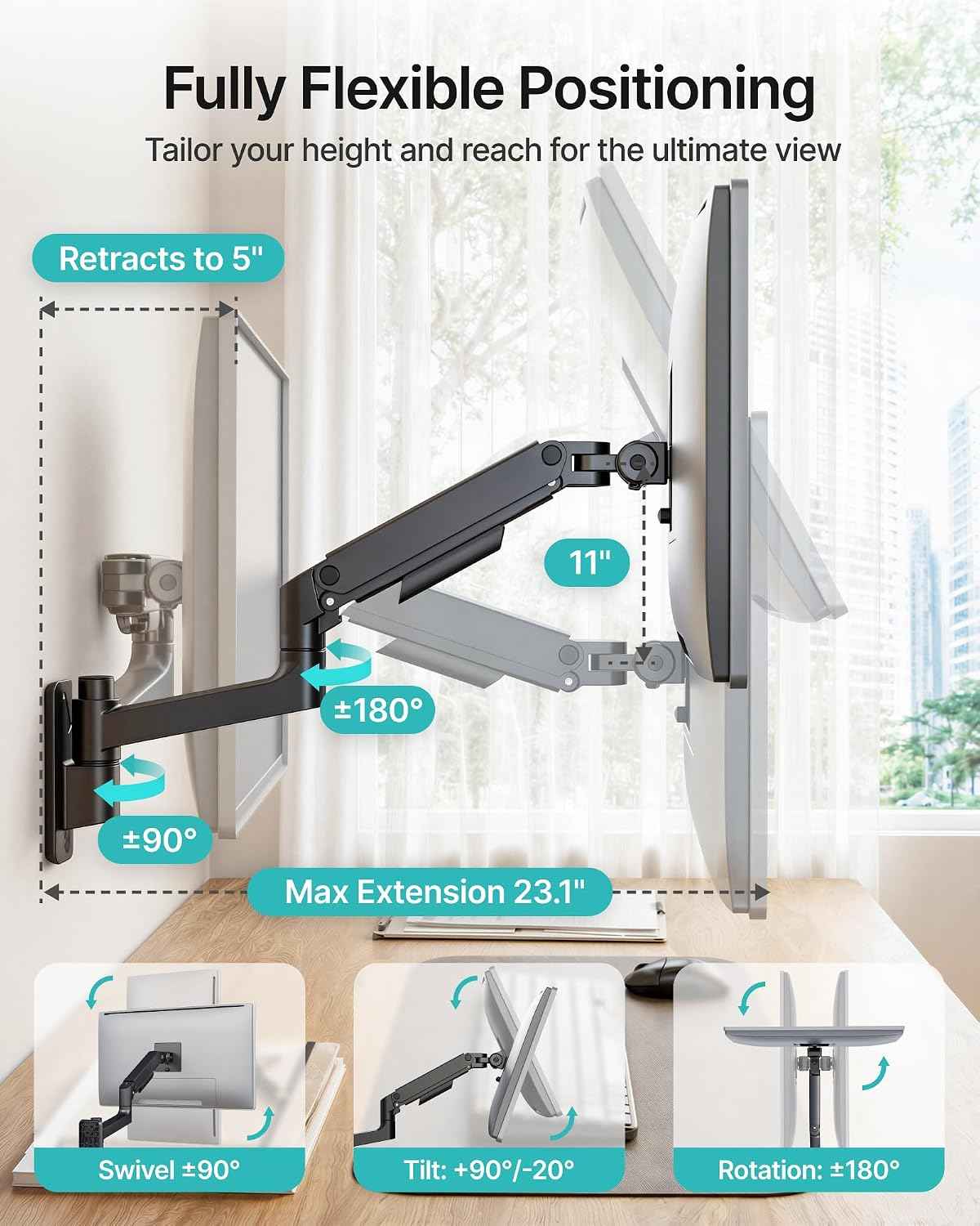 Single Wall Mount Monitor Arm for 17-49" Ultrawide Screens | Heavy Duty Wall Mount Stand Holds up to 44 LBS