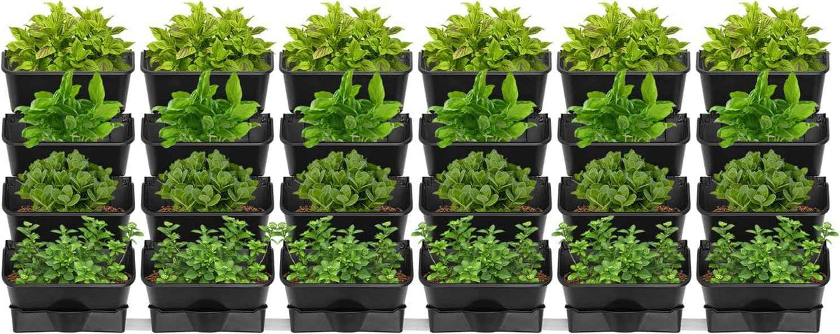 24Pack Vertical Wall Planter, 13 inch Wall Mounted Garden Planters, Stackable Wall Hanging Planter, Plastic Flower Pot with 4 Drainage Tray & 6.56FT Drainage Pipe for Indoor and Outdoor (Black)