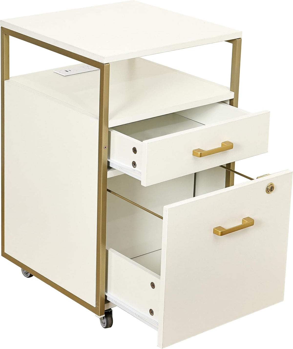 Techni Mobili 2‑Drawer Rolling File Cabinet with Lock, USB & Power Outlet | Modern 2‑drawer rolling file cabinet with lock, USB ports, power outlet, wheels, storage for files, or printer in home office - Field & Nook