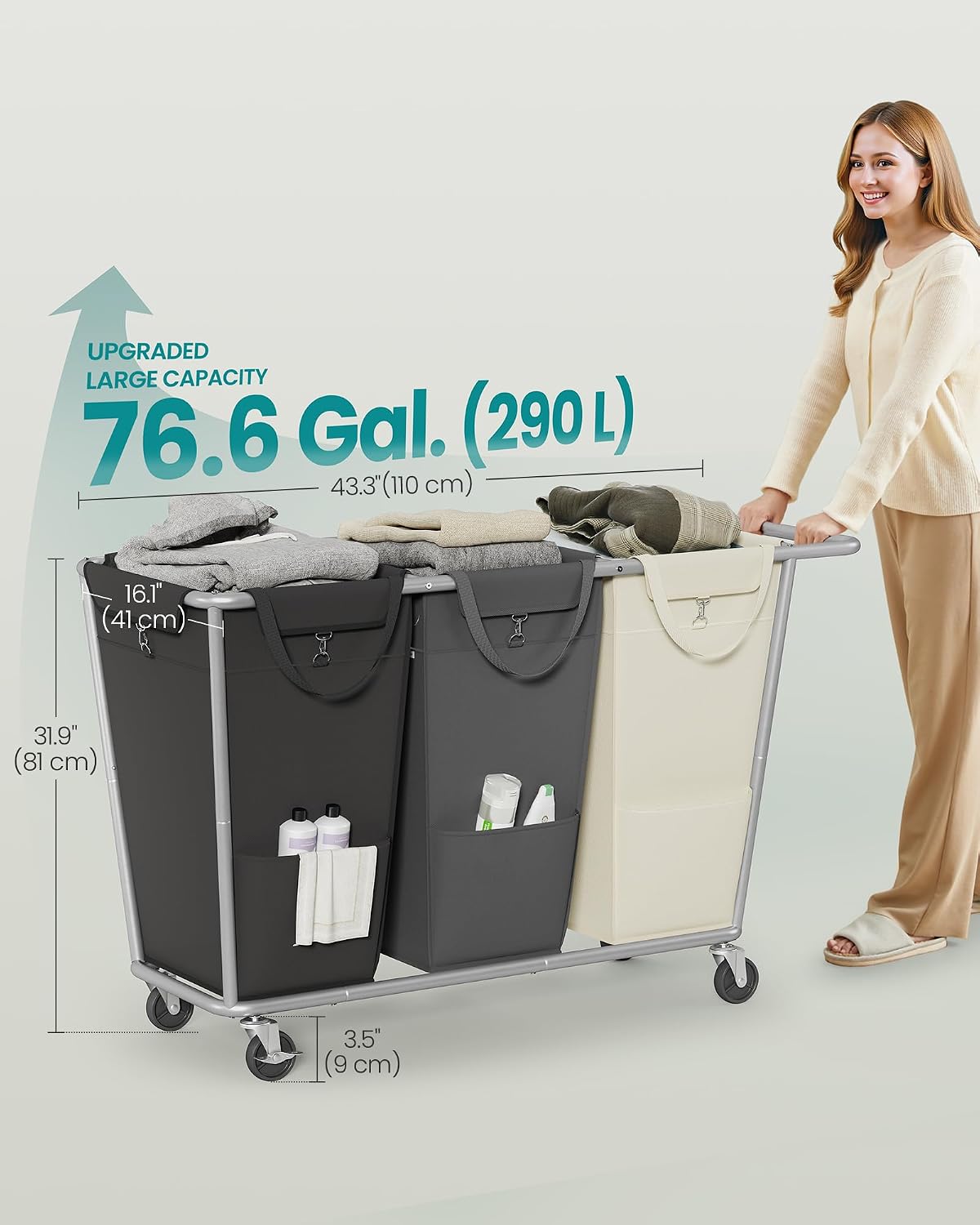 290L 3-Section Steel-Frame Rolling Laundry Hamper - Field & Nook
