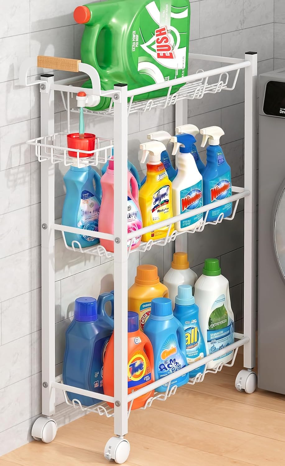 AOODA Laundry Room Cart with Top Detergent Holder, Metal Rolling Storage Cart Between Washer and Dryer, 3 Tier Narrow Laundry Room Organization and Storage with Wheels (White) - Field & Nook