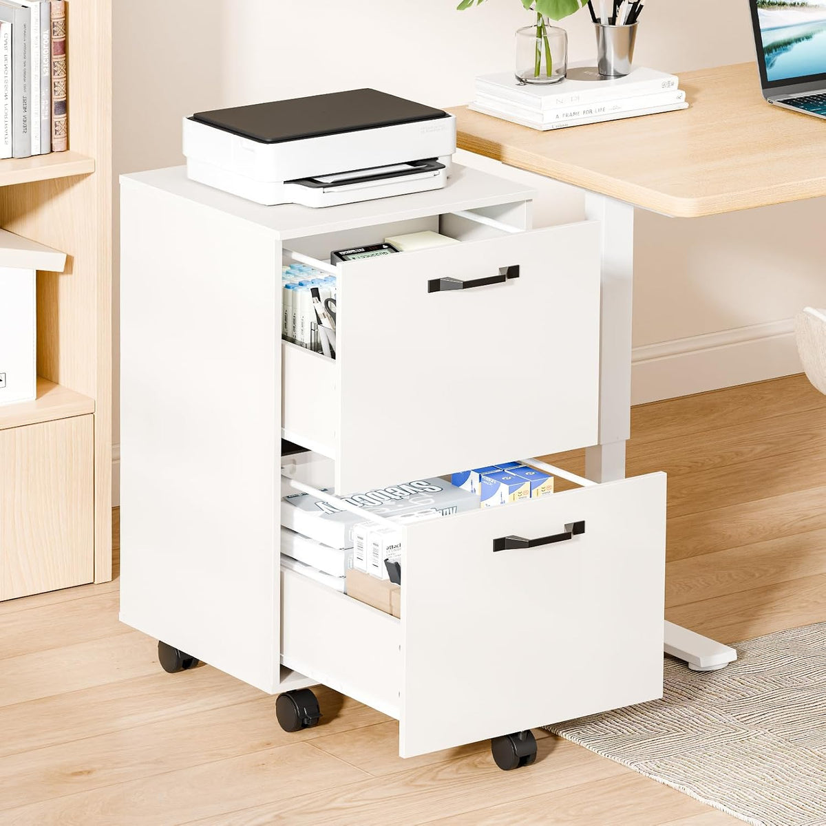 DUMOS 2 Drawer Filing Cabinet, Rolling Under Desk Storage, White | Not for Hanging Files, Printer Stand, Lockable Wheels, Mobile Wood Home Office Organizer - Field & Nook