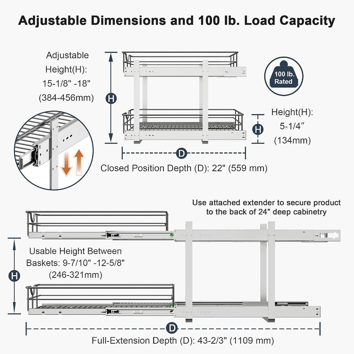 2 Tier Pull Out Cabinet Organizer - 8" W x 22" D Soft Close Slide Out Shelves with Shelf Liners - Pullout Drawers for Kitchen Cabinets, Pantry, Bathroom, Heavy Duty Steel Wire Baskets - Field & Nook