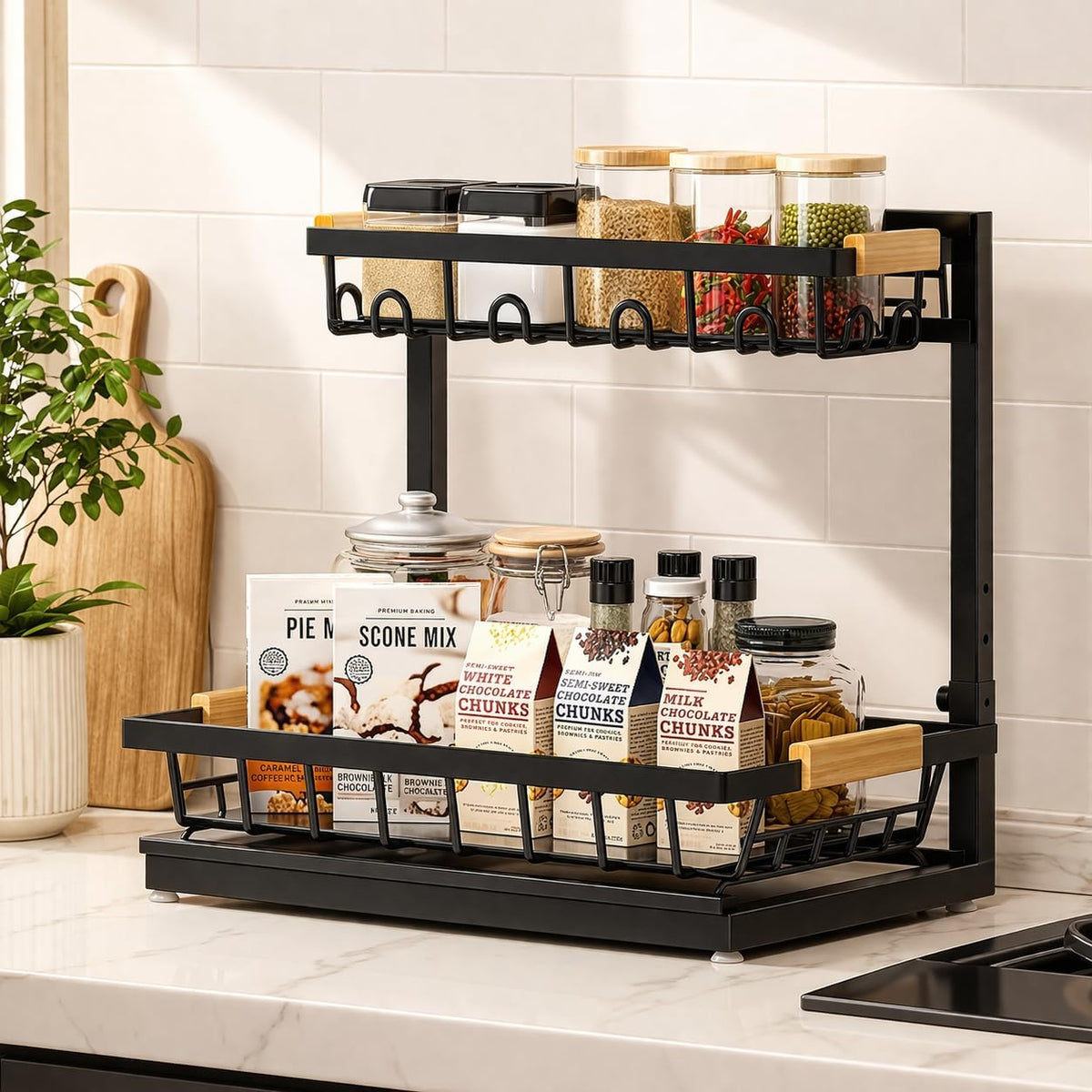 L-Shaped Adjustable 2-Tier Under Sink Organizer – Sliding Metal Storage Shelf for Kitchen & Bathroom Cabinets (Black) - Field & Nook